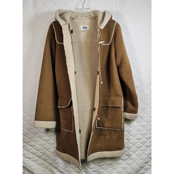 Vtg Y2K Sherpa Lined Brown Vegan Leather Jacket Long Hippie Womens Medium Toggle - Picture 3 of 8